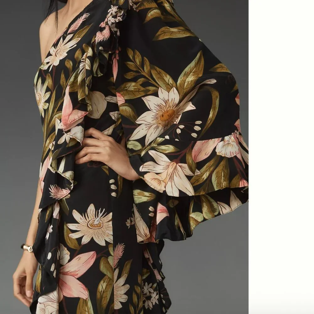 FARM RIO - Surreal Flowers One-Shoulder Crêpe de Chine Midi Dress - Black - XL - Picture 5 of 10